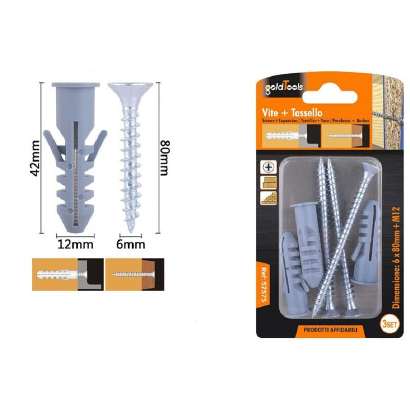 foto del prodotto trade shop traesio kaela set 3 pz viti vite croce 6x80mm tasselli con alette tassello m12 fischer 57575 