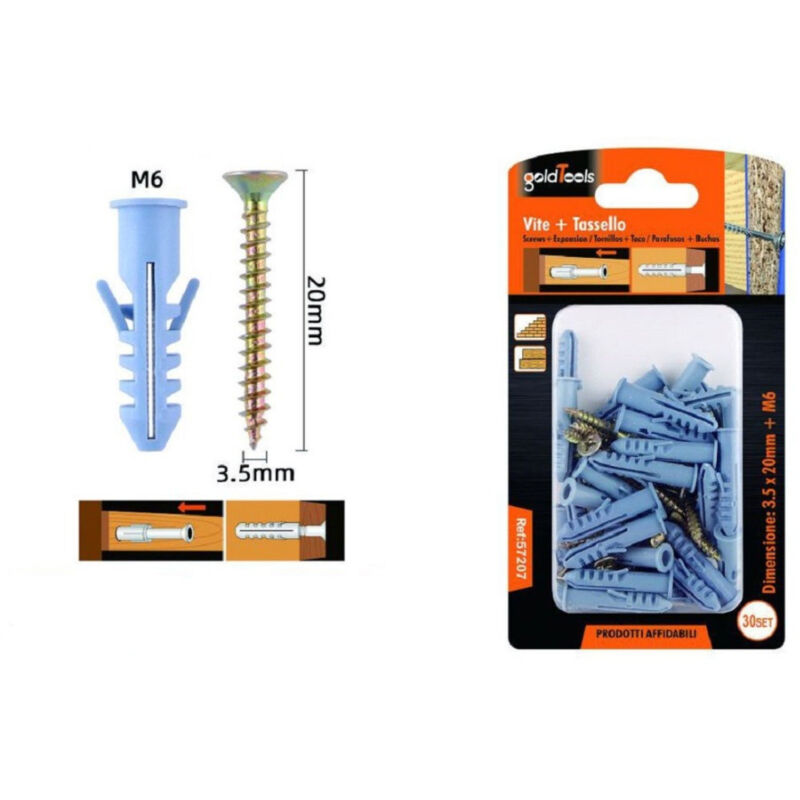 foto del prodotto trade shop traesio kaela set 30 pezzi viti vite 3.5x20 mm tasselli con alette tassello m6 fischer 57207 