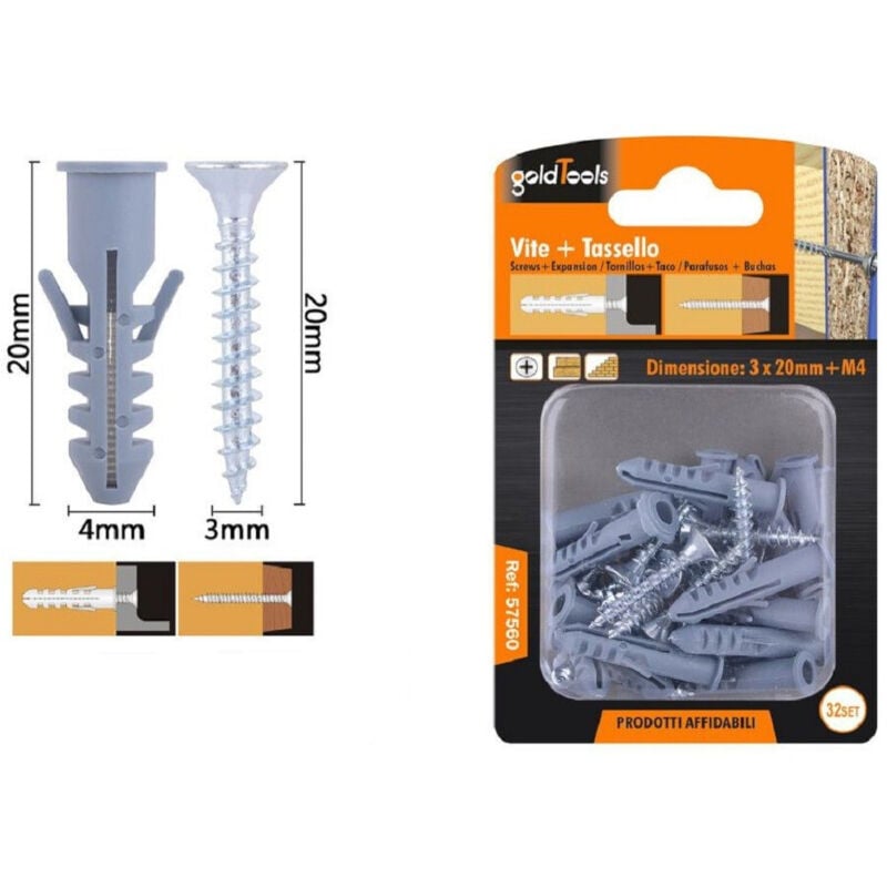 foto del prodotto trade shop traesio kaela set 32 pz viti vite croce 3x20mm tasselli con alette tassello m4 fischer 57560 