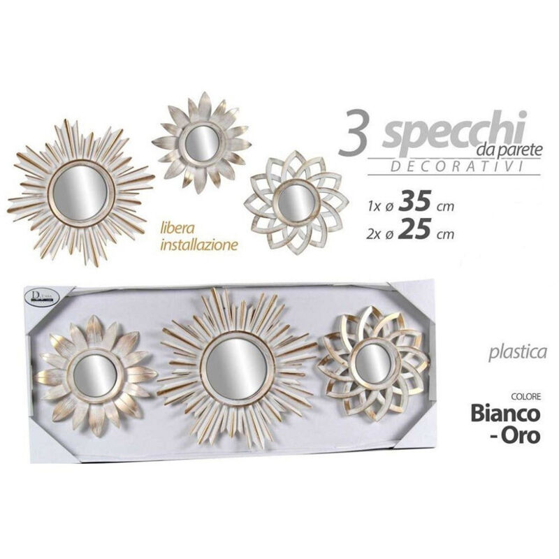 foto del prodotto trade shop traesio kaela set 3pz specchi da parete decorativi bianco oro 25 35cm specchio plastica 823923 