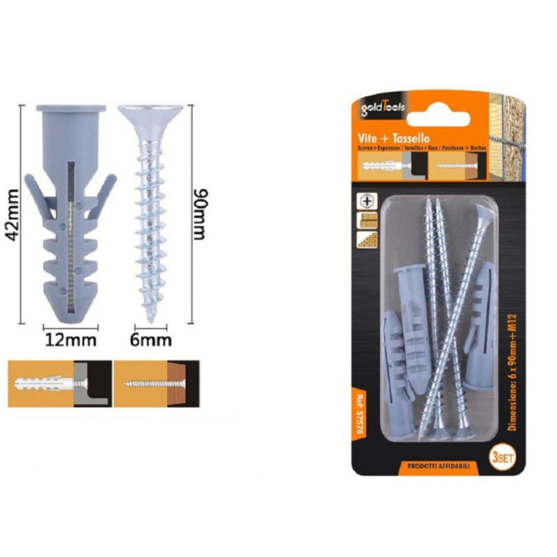 foto del prodotto trade shop traesio kaela set 3pz viti vite croce 6x90 mm tasselli con alette tassello m12 fischer 57576 