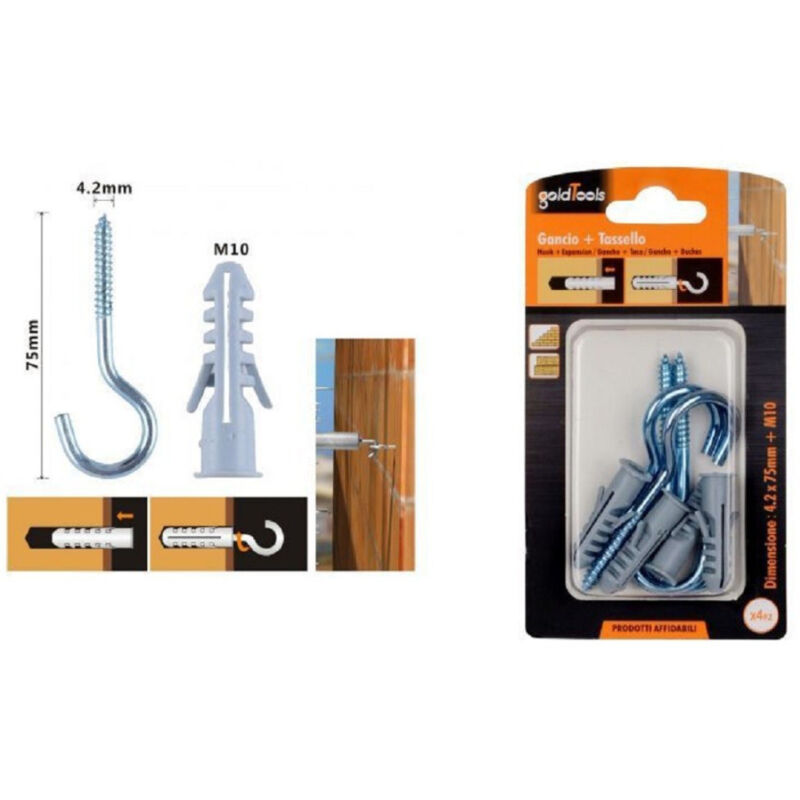 foto del prodotto trade shop traesio kaela set 4 pezzi viti vite a gancio 4.2x75mm tasselli con alette tassello m10 90740 