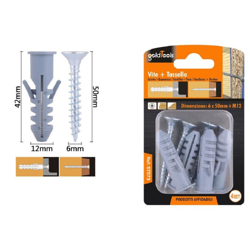 foto del prodotto trade shop traesio kaela set 4pz viti vite croce 6x50 mm tasselli con alette tassello m12 fischer 57573 