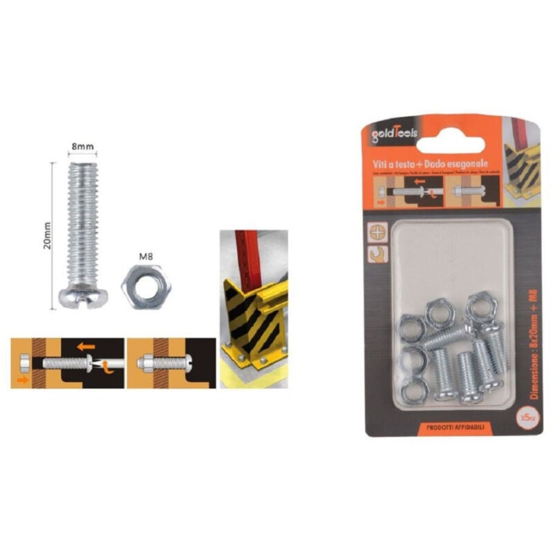 foto del prodotto trade shop traesio kaela set 5 pz viti vite testa a croce tonda 8x20 mm con dadi dado esagonale m8 90983 