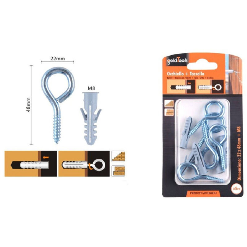 foto del prodotto trade shop traesio kaela set 5pz vite a occhiello chiuso 22x48mm tasselli con alette tassello m8 90725 