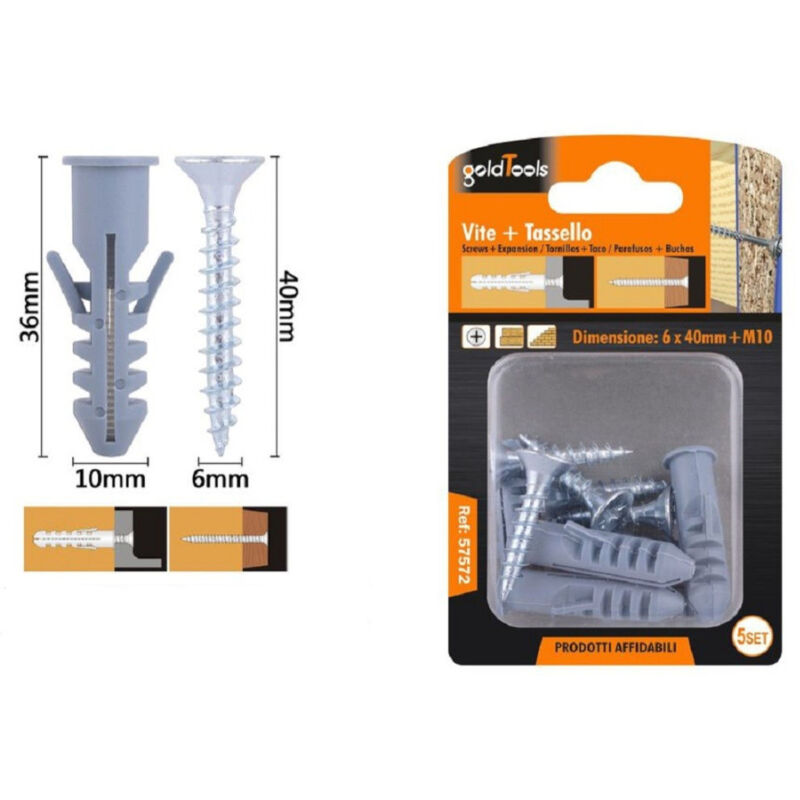 foto del prodotto trade shop traesio kaela set 5pz viti vite croce 6x40mm tasselli con alette tassello m10 fischer 57572 