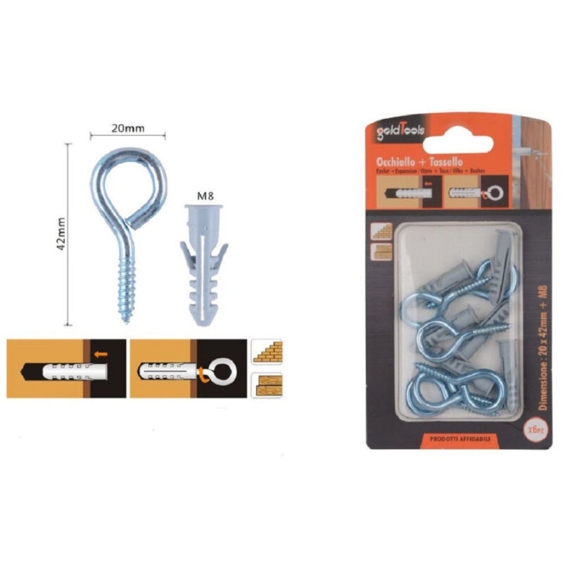foto del prodotto trade shop traesio kaela set 6 pz vite a occhiello chiuso 20x42mm tasselli con alette tassello m8 90727 