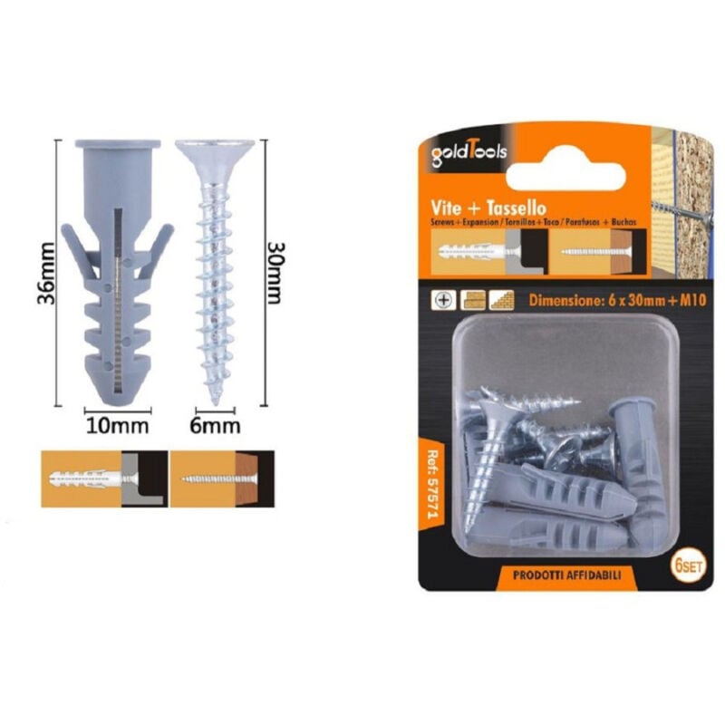 foto del prodotto trade shop traesio kaela set 6 pz viti vite croce 6x30mm tasselli con alette tassello m10 fischer 57571 