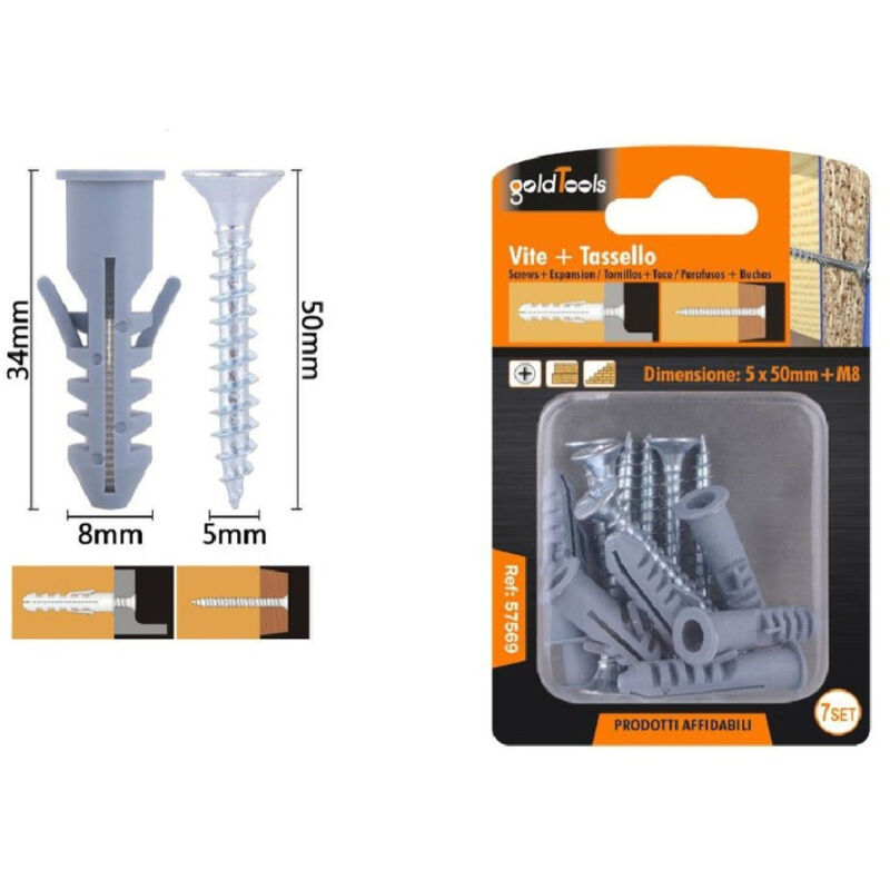 foto del prodotto trade shop traesio kaela set 7pz viti vite croce 5 x 50mm tasselli con alette tassello m8 fischer 57569 