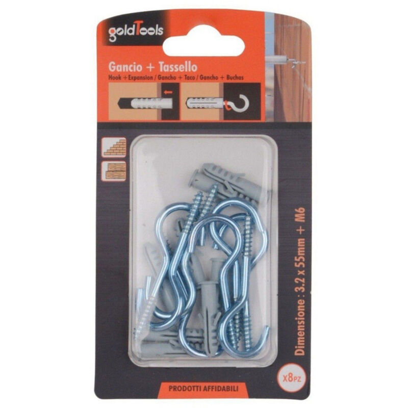 foto del prodotto trade shop traesio kaela set 8 pezzi viti vite a gancio 3.2x55 mm tasselli con alette tassello m6 90738 