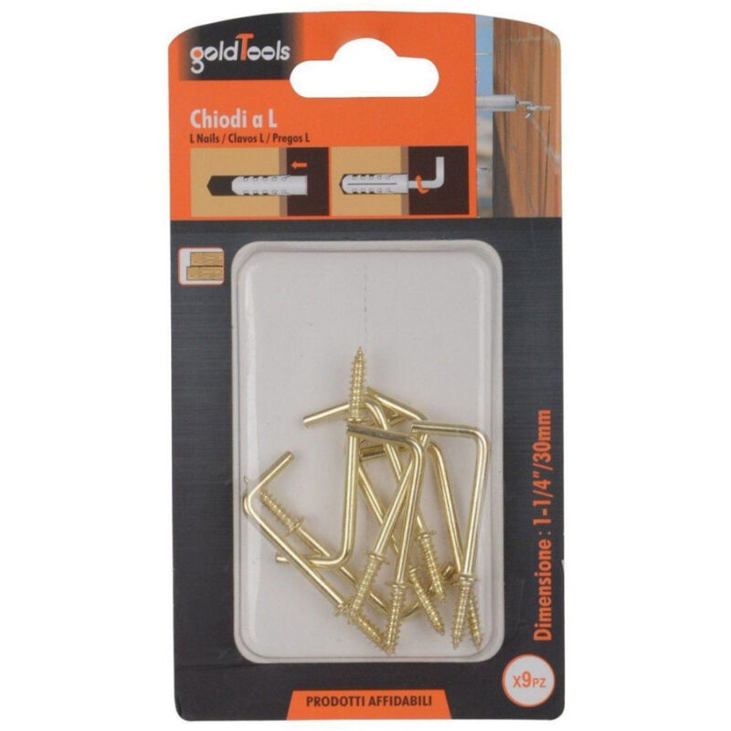 foto del prodotto trade shop traesio kaela set 9 pezzi chiodi gancio a vite filettate a forma di l 1 1 4 30mm dorato 90802 