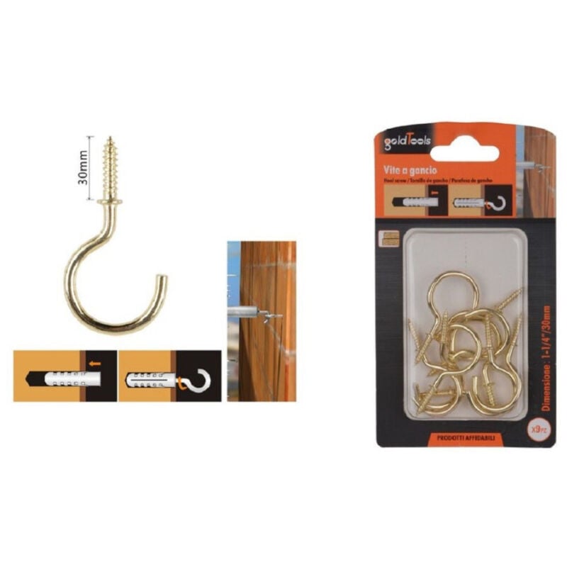 foto del prodotto trade shop traesio kaela set 9 pezzi vite a gancio 1 1 4 30mm viti autofilettanti dorate per legno 90806 