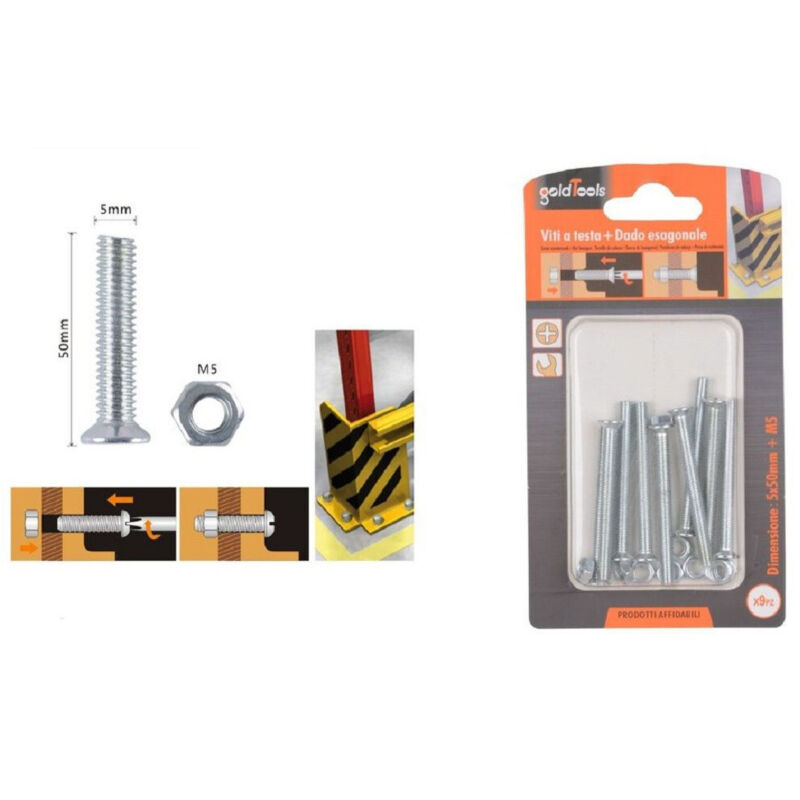 foto del prodotto trade shop traesio kaela set 9 pezzi viti vite testa a croce piatta 5 x 50 mm con dado esagonale m5 90942 