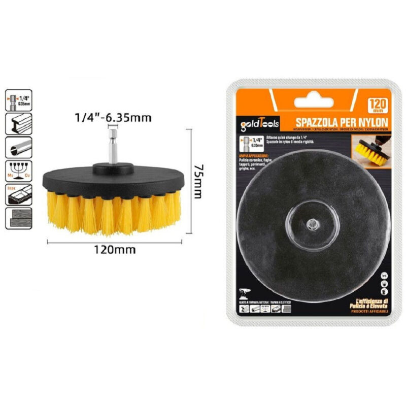foto del prodotto trade shop traesio kaela spazzola in nylon 120mm attacco 1 4 rotante trapano elettrico per pulizia 57240 