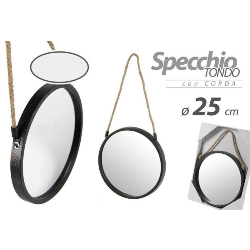 foto del prodotto trade shop traesio kaela specchio 25 cm con corda specchiera parete tondo moderno nero in metallo 777042 