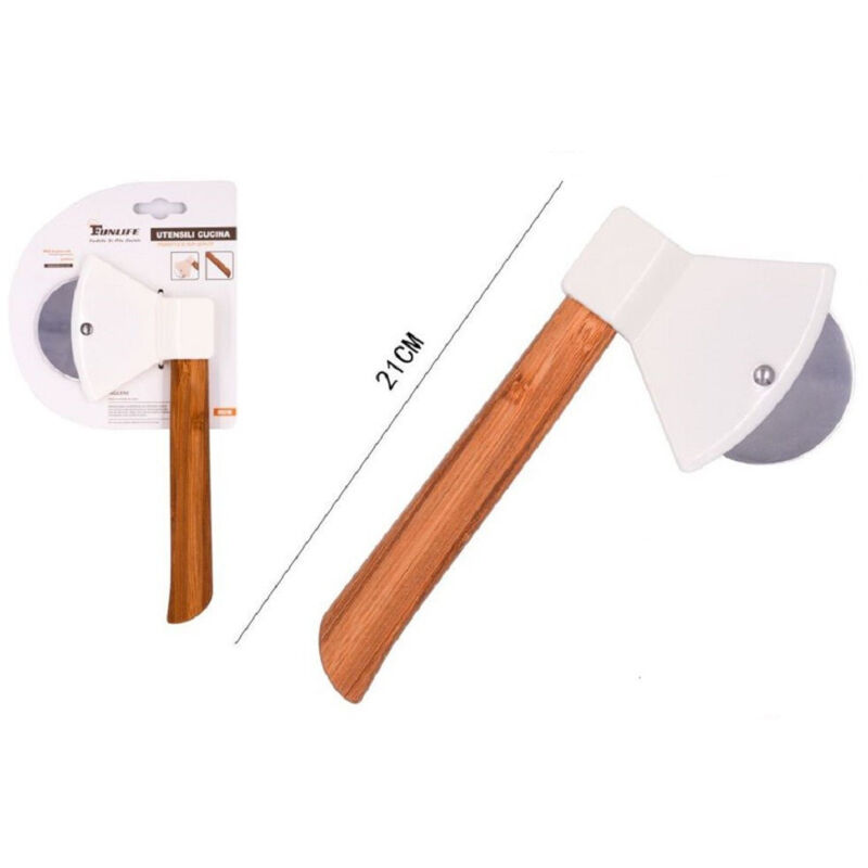 foto del prodotto trade shop traesio kaela tagliapizza rotella taglierina acciaio legno rullo cucina forma ascia 21cm 50860 