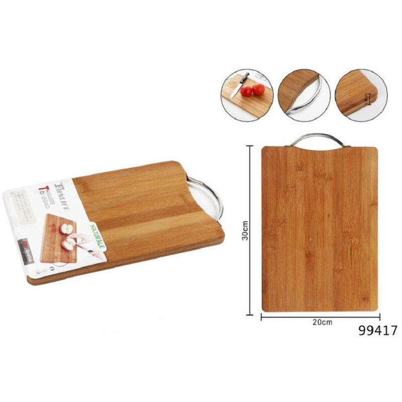 foto del prodotto trade shop traesio - kaela - tagliere in legno manico in acciaio vassoio salumi casa cucina 30x20x1.8cm 99417 -