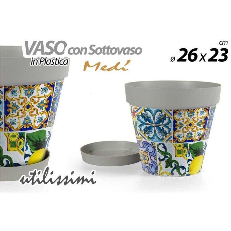 foto del prodotto trade shop traesio kaela vaso con sottovaso giardino in plastica decoro med 26x23 cm piante fiori 845413 
