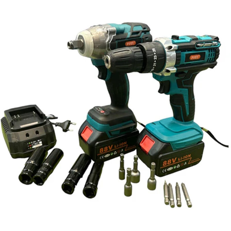 foto del prodotto trade shop traesio kit 2 in 1 trapano avvitatore ad impulsi doppia batteria 88 volt accessori valigetta 