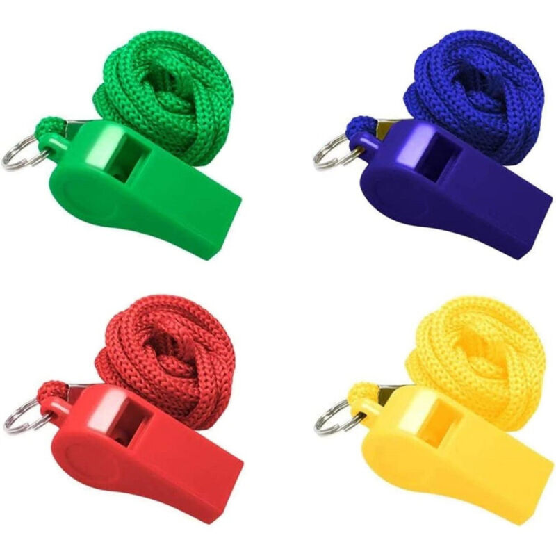 foto del prodotto trade shop traesio kit 4 pz fischietti in plastica con cordino per coach allenatori calcio arbitro 