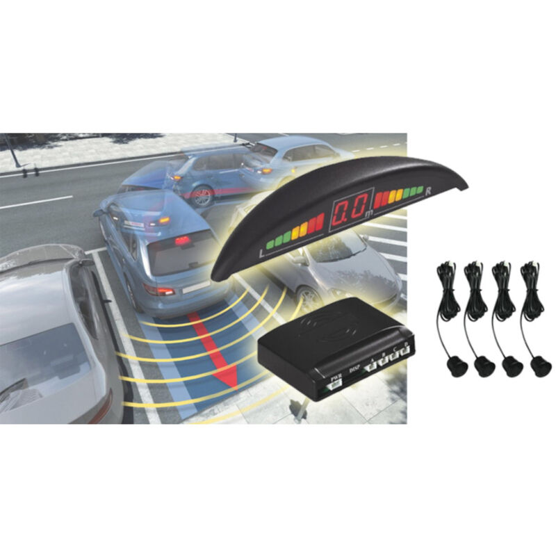 foto del prodotto trade shop traesio kit 4 sensori di parcheggio con mini display led wireless suono fresa neri 