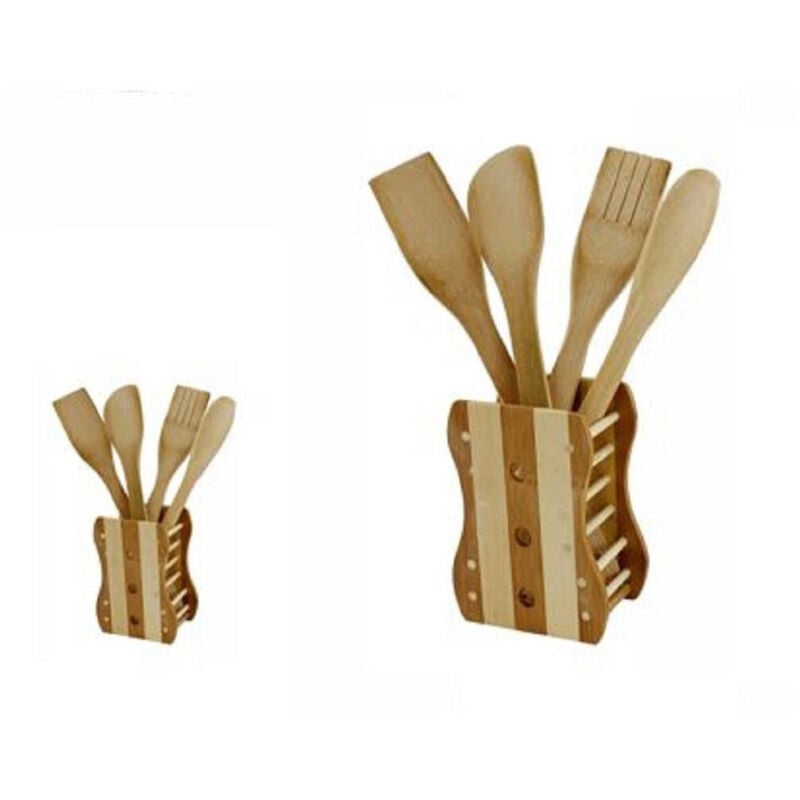 foto del prodotto trade shop traesio kit 5 pz cucina porta mestolo mestoli in legno bamb con 4 mestoli posate 67375 