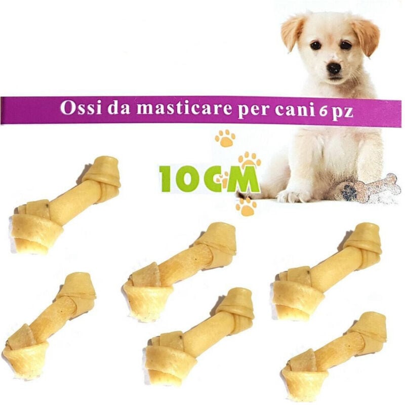 foto del prodotto trade shop traesio - kit 6 ossa cane da masticare pelle bovino osso cani 10cm snack annodato igiene -