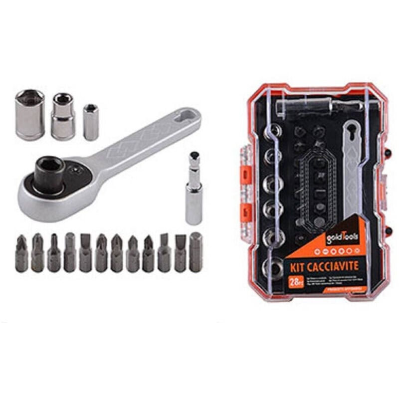 foto del prodotto trade shop traesio - kit cacciavite cricchetto multiuso 28pz magnetico con teste intercambiabili 92186 -
