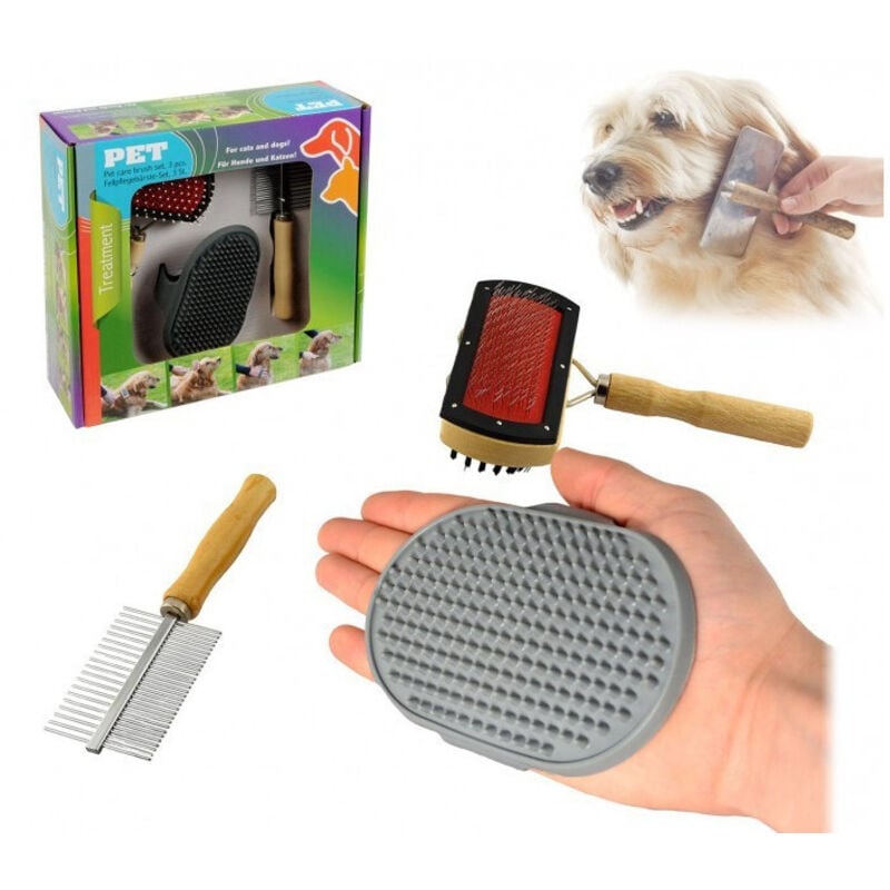 foto del prodotto trade shop traesio - kit delle coccole 3 pz di spazzole per la pulizia e la cura del cane -