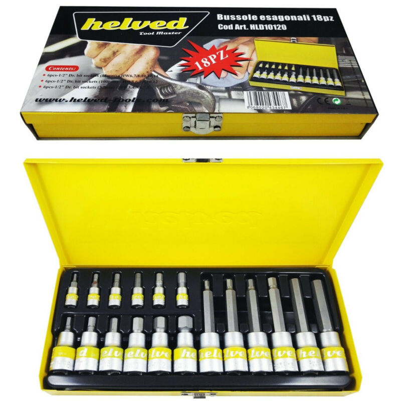 foto del prodotto trade shop traesio kit di bussole esagonali 18 pezzi cromo vanadio helved hld10120 in acciaio cromo 