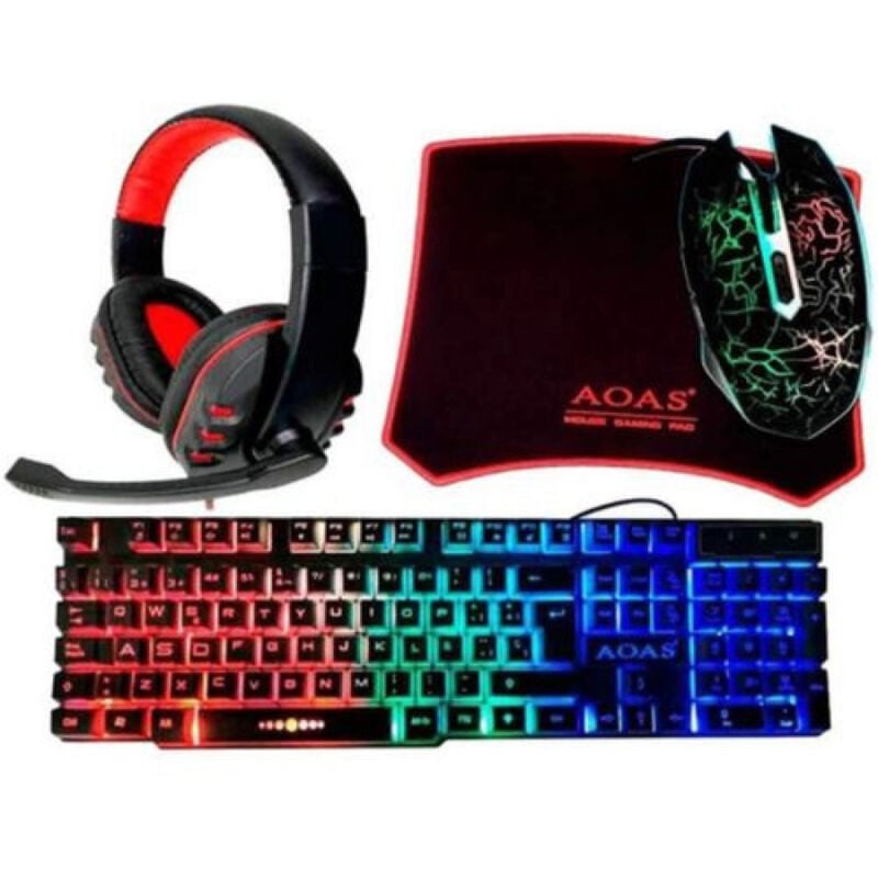 foto del prodotto trade shop traesio kit gaming per pc con tastiera cuffia con microfono tappetino mouse a led 4in1 