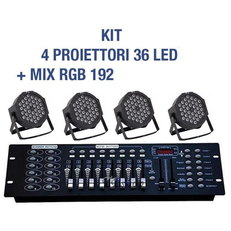 foto del prodotto trade shop traesio kit par led faro rgb 36 led strobo programmabile dmx mixer 192 4 pezzi 
