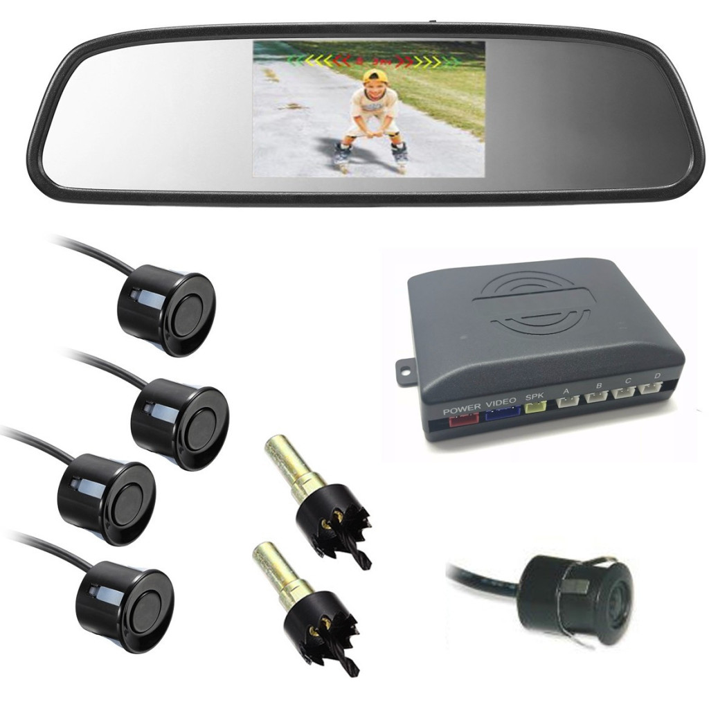 foto del prodotto trade shop traesio kit parcheggio auto 4 sensori neri telecamera retromarcia specchietto monitor 
