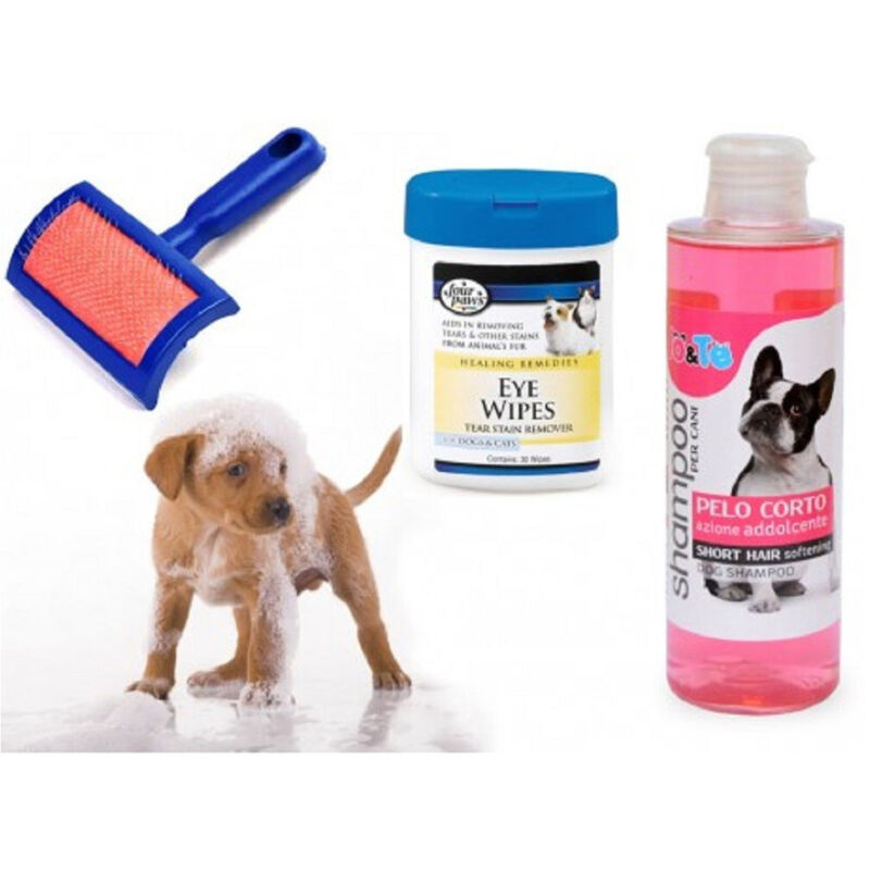foto del prodotto trade shop traesio kit pulizia cani shampoo azione addolcente salviettine spazzola cardatore pelo corto 