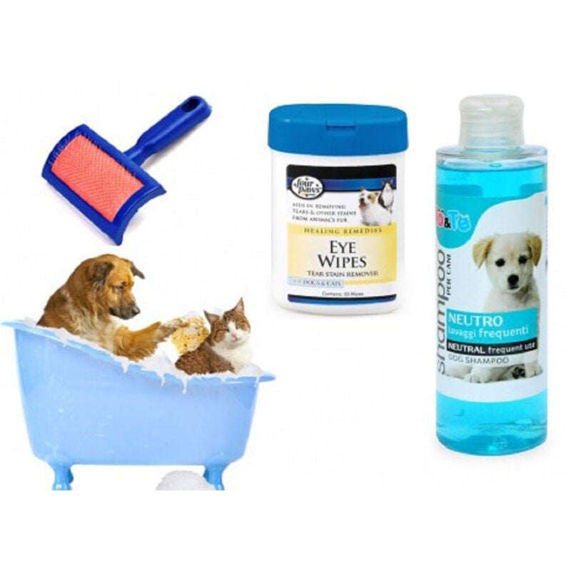 foto del prodotto trade shop traesio kit pulizia cani shampoo neutro salviettine spazzola cardatore lavaggi frequenti 