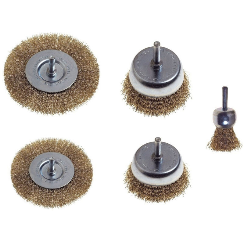 foto del prodotto trade shop traesio kit set 5 pezzi spazzole in acciaio per trapano rimozione ruggine sverniciatura 