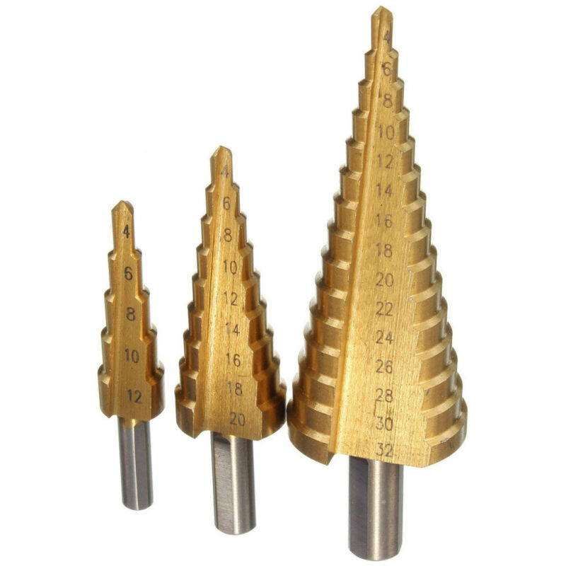 foto del prodotto trade shop traesio kit set fresa a gradini scalini conica hss 4 32 4 20 4 12 mm allargafori punta 