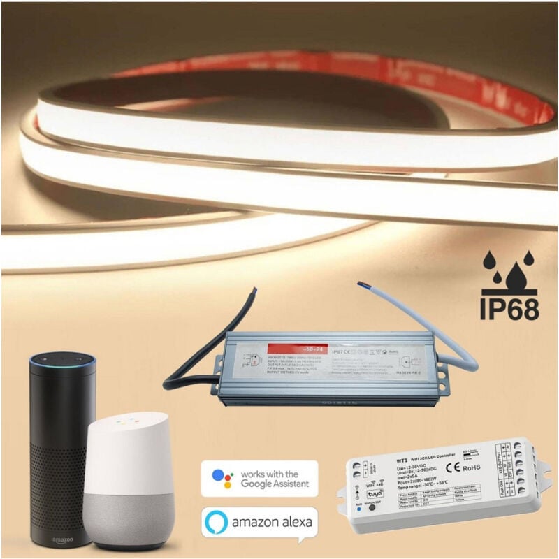 foto del prodotto trade shop traesio kit smart striscia led ip68 cob neon flex dimmerabile 24v centralina vocale wifi bianco freddo 