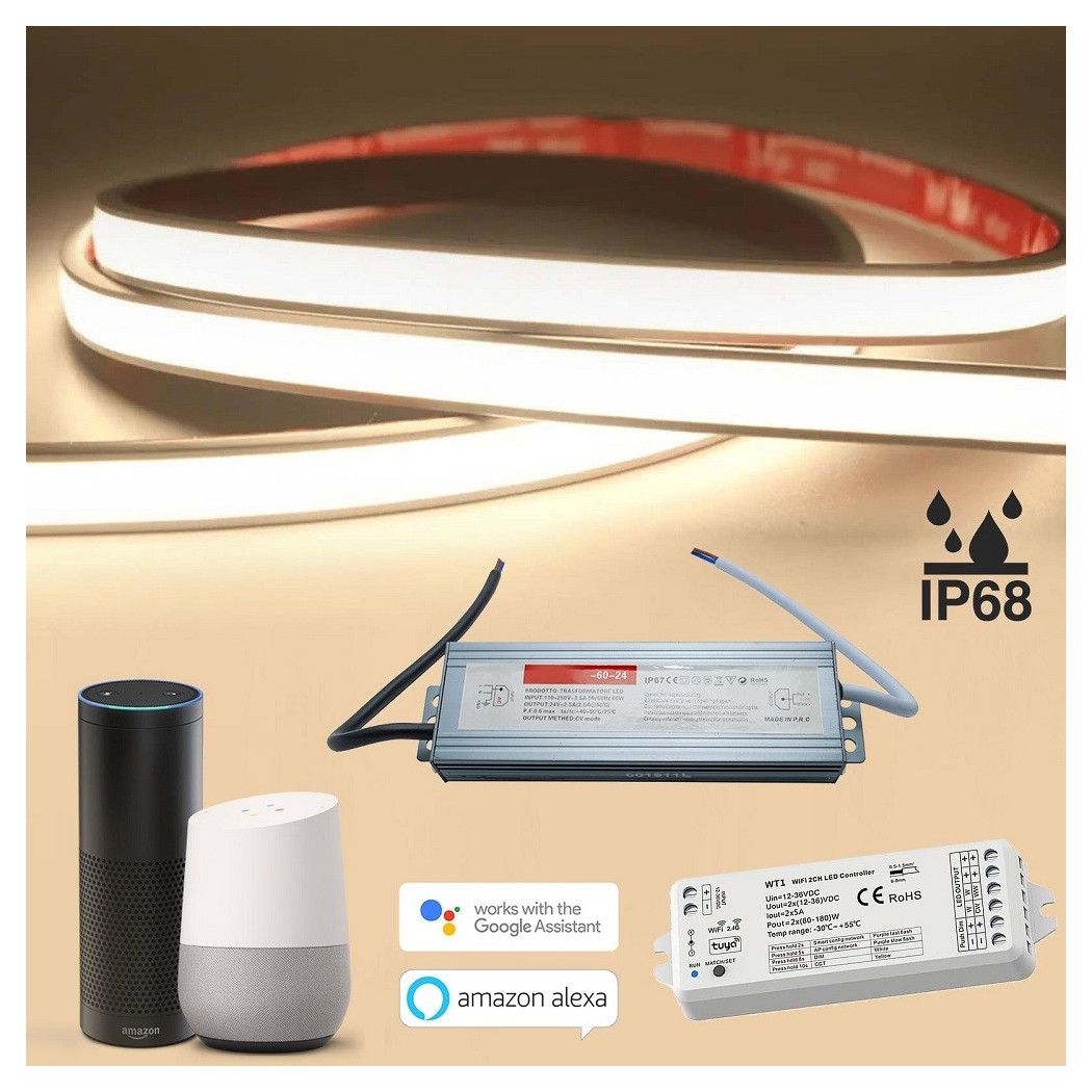 foto del prodotto trade shop traesio kit smart striscia led ip68 cob neon flex dimmerabile 24v centralina vocale wifi bianco naturale 