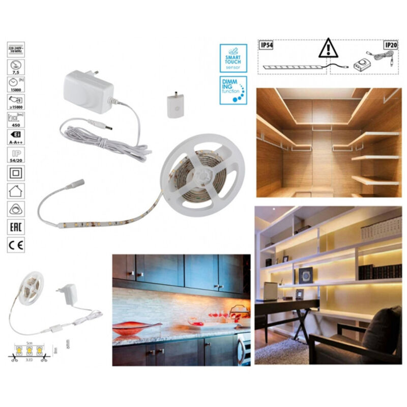 foto del prodotto trade shop traesio kit striscia led con tasto interruttore touch dimmer bianco caldo 3000k 7,5 watt 