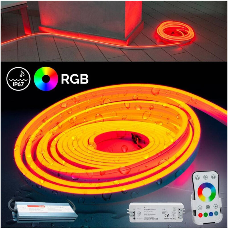 foto del prodotto trade shop traesio kit striscia neon flex led 160w ip67 centralina telecomando alimentatore rgb 24v 10mt 