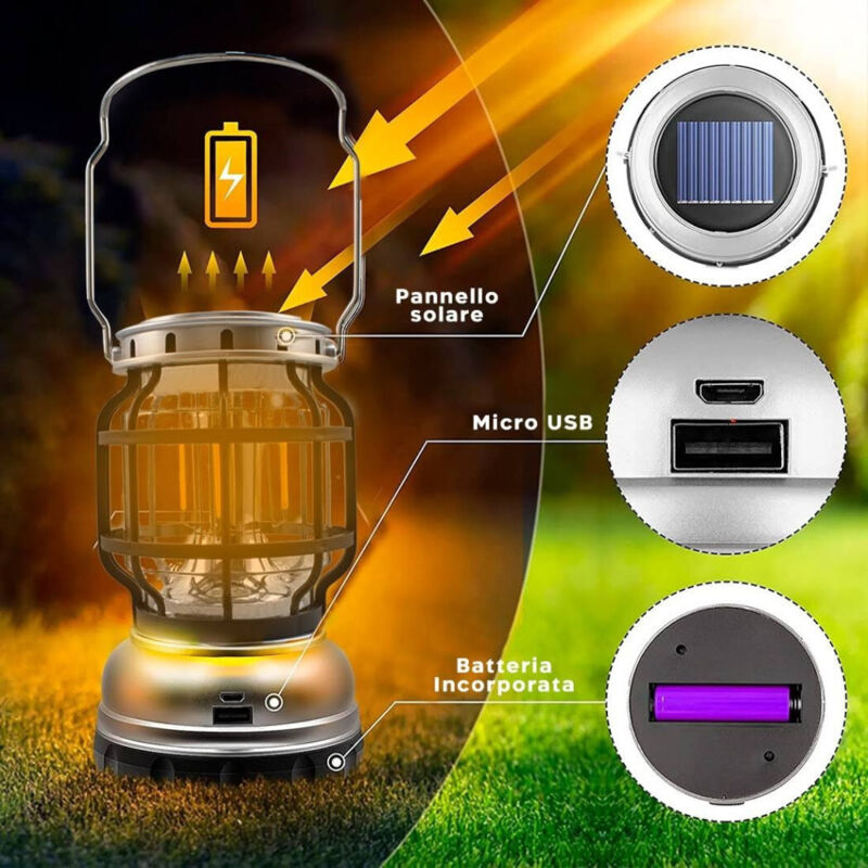 foto del prodotto trade shop traesio - lampada da campeggio a led solare lanterna a fiamma portatile ricaricabile usb -