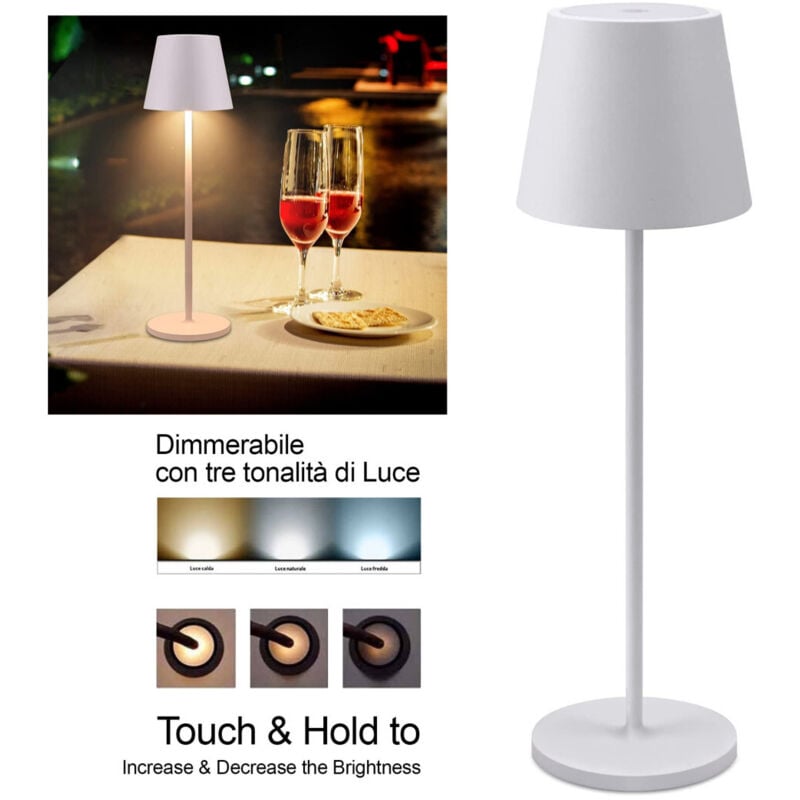 foto del prodotto trade shop traesio - lampada da tavolo a led con batteria ricaricabile touch dimmerabile 3 colori bar - bianco