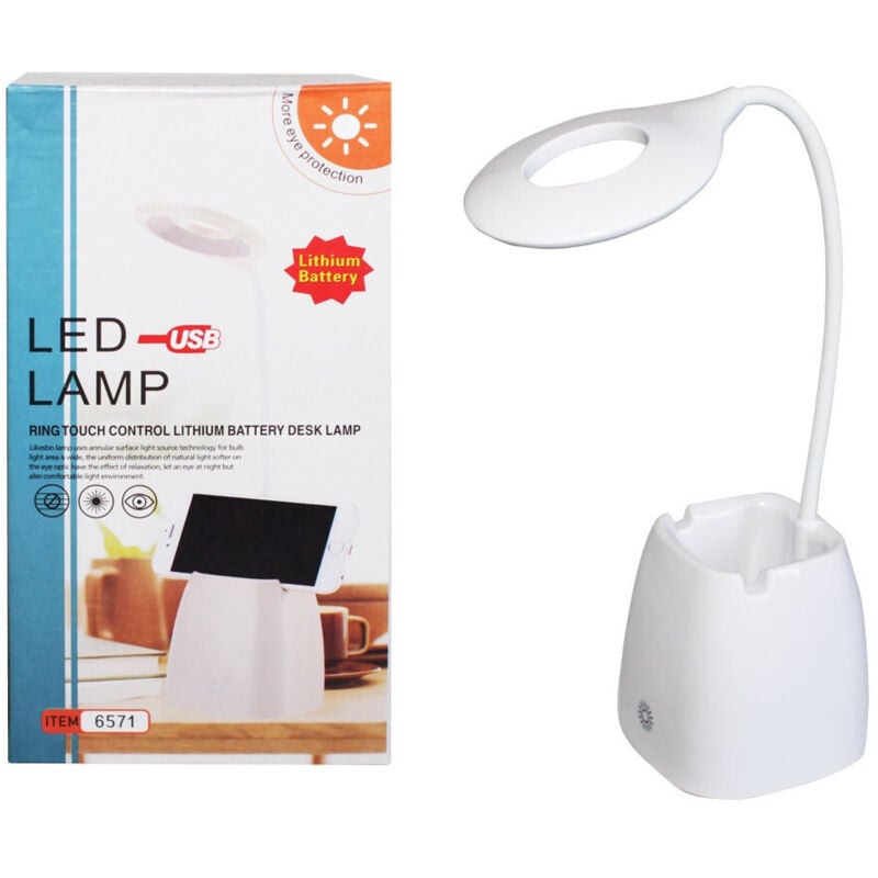 foto del prodotto trade shop traesio - lampada da tavolo scrivania con portapenne 16 led collo flessibile e girevole -