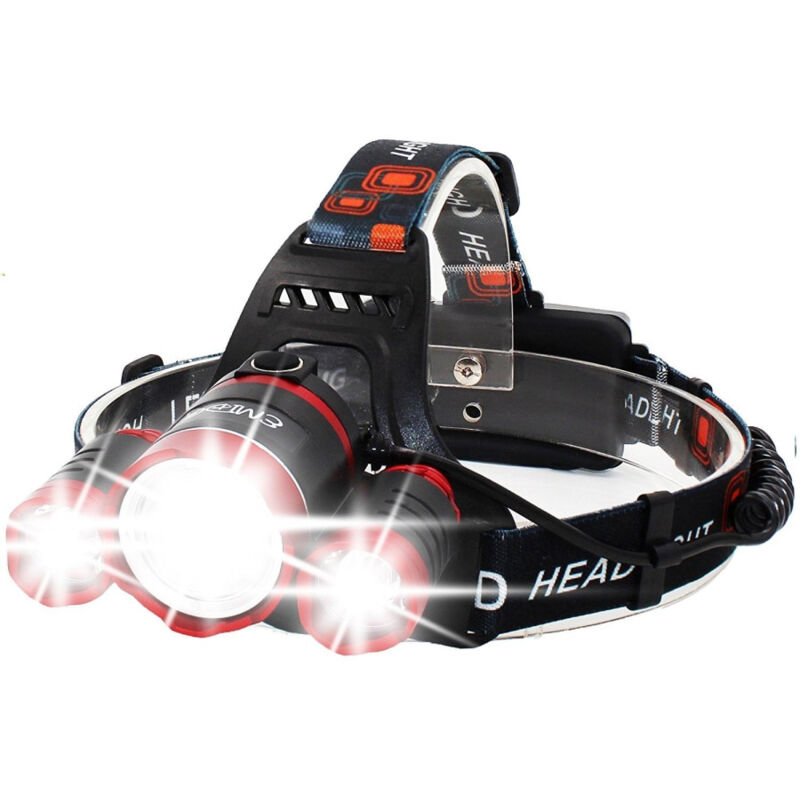 foto del prodotto trade shop traesio lampada torcia frontale led ricaricabile 3 led cree t6 r5 rj3000 5000 lumen 