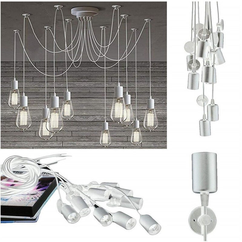 foto del prodotto trade shop traesio lampadario 12 pendenti lampada ragno bianco soffitto sospensione regolabili portalampada e27 
