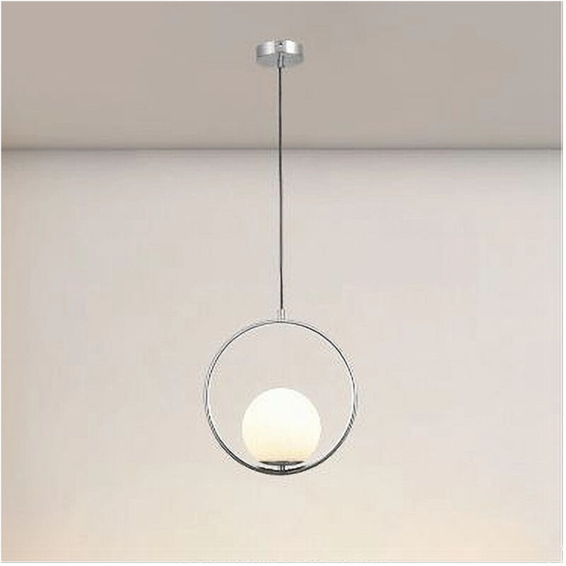 foto del prodotto trade shop traesio lampadario a sospensione cerchio metallo sfera vetro bianco attacco e27 argento 33467 