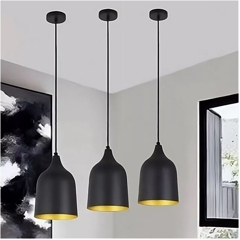 foto del prodotto trade shop traesio lampadario a sospensione e27 ferro paralume moderno contemporaneo campana nero oro 33290 