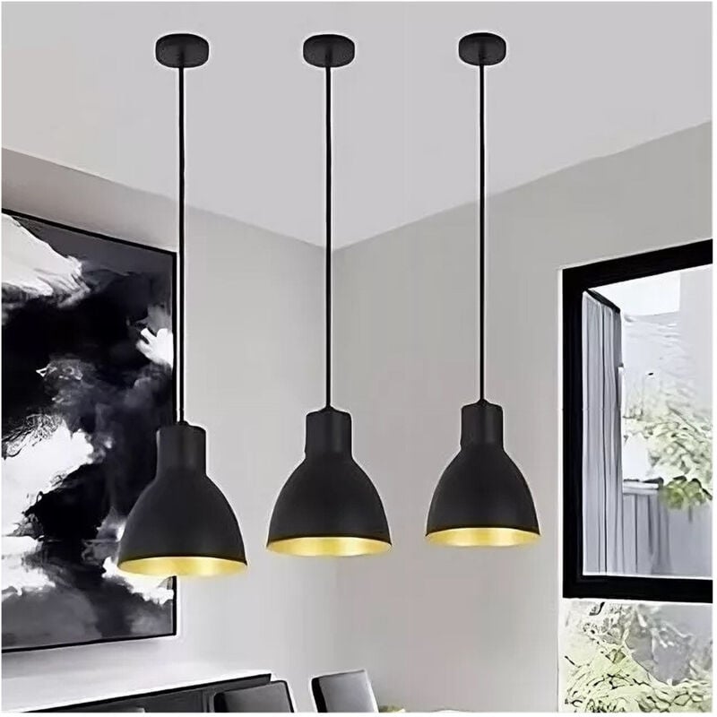 foto del prodotto trade shop traesio lampadario a sospensione e27 ferro paralume moderno contemporaneo campanella nera oro 33269 