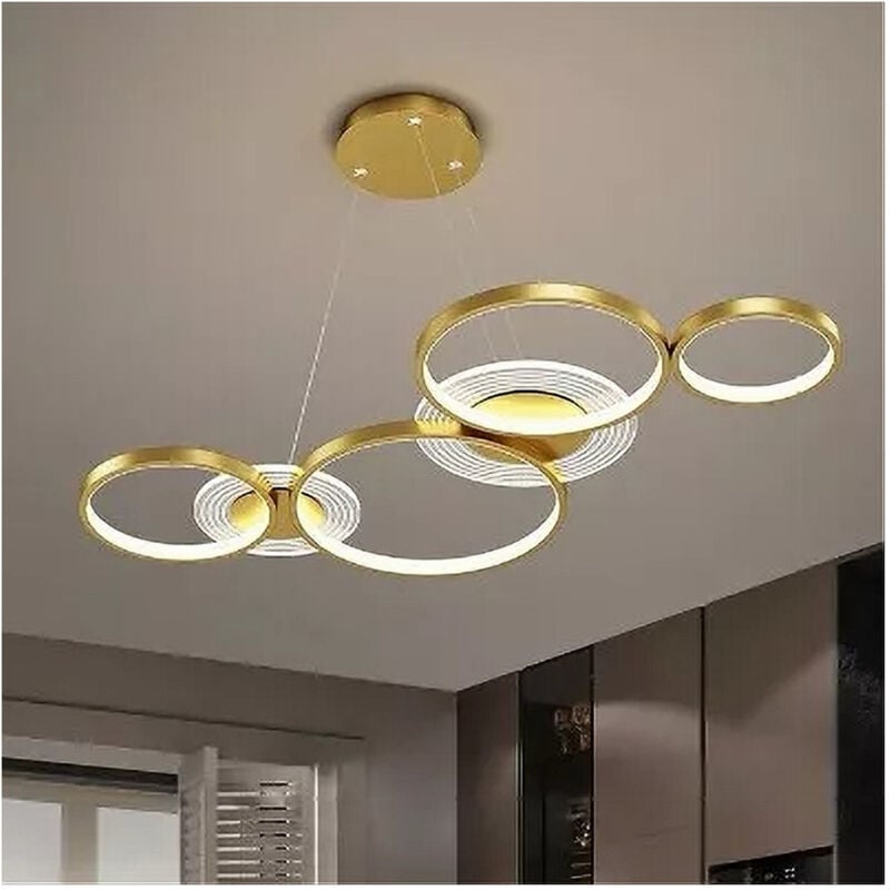 foto del prodotto trade shop traesio lampadario a sospensione led oro 65w 6 anelli luminosi moderno con telecomando 71422 